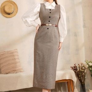 Plaid Print Button Detail Split Hem Dress Without Belt